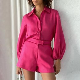 Survêtements pour femmes tenues d'été pour femmes 2023 ensembles de shorts en lin 2 pièces rose lanterne manches chemisiers minces vacances mode costumes décontractés