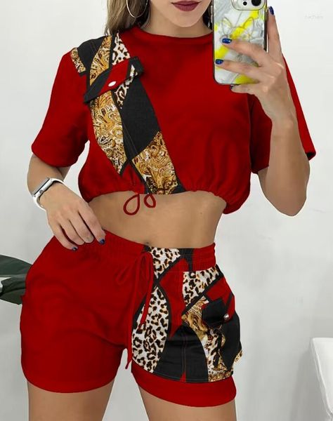 Chándales para mujer Trajes de verano para mujer 2023 Conjunto de top corto con estampado de leopardo barroco a juego con cuello redondo y pantalones cortos con cordón