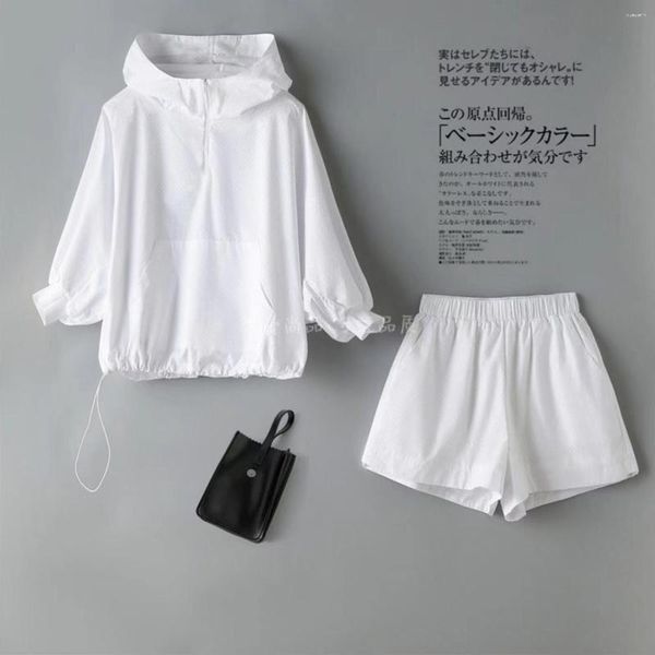 Conjunto de chándales de verano para mujer, chándal coreano 2023 con capucha, trajes blancos sólidos, pantalones cortos de manga larga de dos piezas