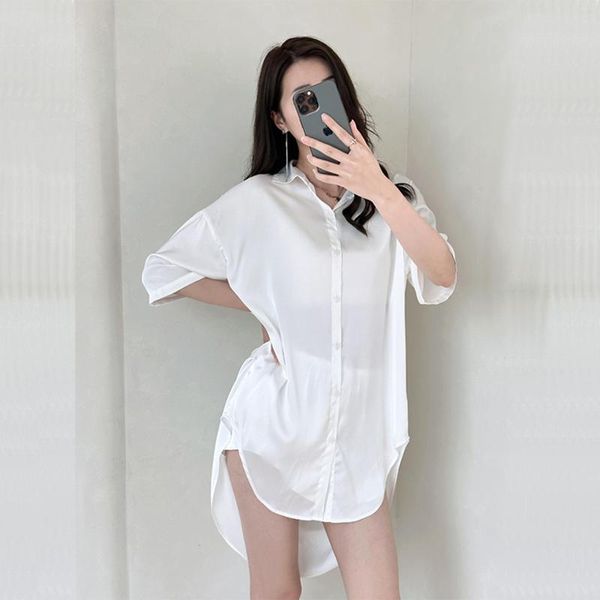 Survêtements Femme Été Sexy Temptation Chemise À Manches Courtes Jupe Pyjama Boyfriend Style Blanc Pur Désir Glace Soie Robe De Couchage Fille