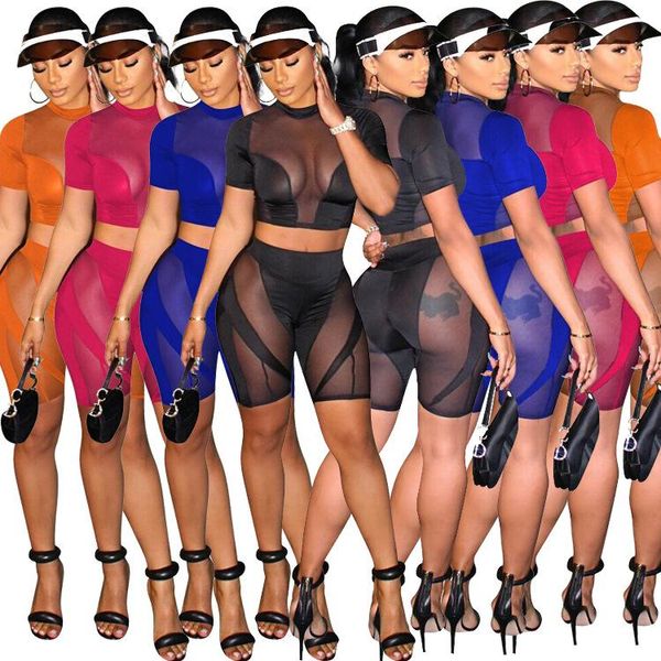 Survêtements pour femmes Summer Streetwear 2 Deux pièces Ensembles Femmes Tenues 2023 Manches courtes Crop Top Mesh Shorts Costumes Noir Assorti