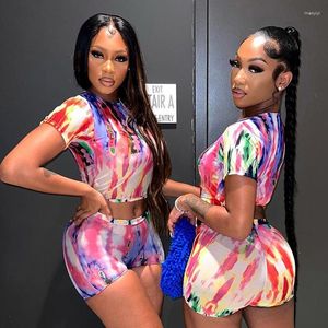 Survêtements pour femmes Été Tie Dye Mesh Shorts Ensembles Sexy À Manches Courtes O Cou Crop Top Et Mini 2 Pièce Club Tenues Party Wear Survêtement 2023