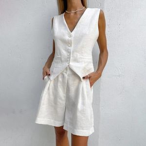 Trajes de mujer Verano Lino blanco Conjunto de dos piezas Mujeres 2024 Moda Sin mangas Sin mangas Chaleco Chaleco Pantalones cortos de cintura alta Conjuntos Oficina Damas