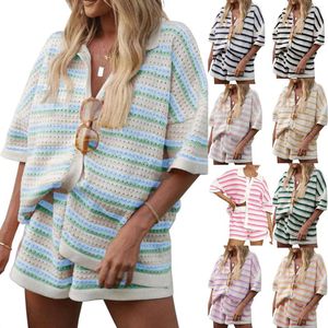 Suits-survêtements pour femmes Summer Femmes 2 pièces Pajamas Set Loungewear Stripe Contrast Couleur Color Bouton Crochet Tricot et Shorts Setwear