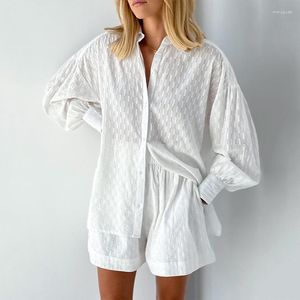 Survêtements pour femmes été femmes ensemble short et haut chemise blanche à manches longues deux pièces pour la mode lâche décontracté 2 ensembles tenue 22076