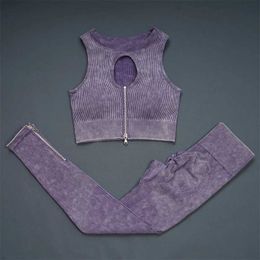 Tracksuits voor dames sveic geribbeld naadloze yogaset wassen gebreide sport beha top van de lijn sportkleding sportkleding fitness benen dames gym kleding 240424