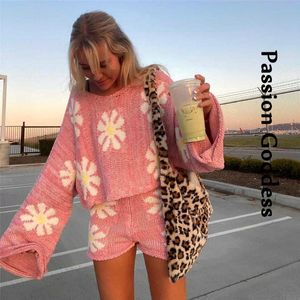 Dames trainingspakken Zoete schattige dames tweedelige bloem gebreide sets Casual Lounge Wear Outfits Oversized trui Rits Hoge taille Shorts Pak