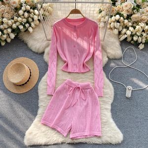 Tracksuits voor dames zoete roze shorts set voor dames, één borsten gestreepte gestreepte lange mouwen breien shirt hoge taille los rechte korte broek