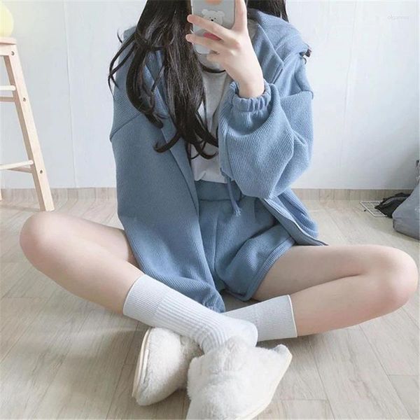 Trajes de mujer Sweet Chándal Mujeres Otoño Invierno Mujer Casual Coreano con capucha Cremallera Sudadera Pantalones cortos Deportes sueltos Traje de dos piezas