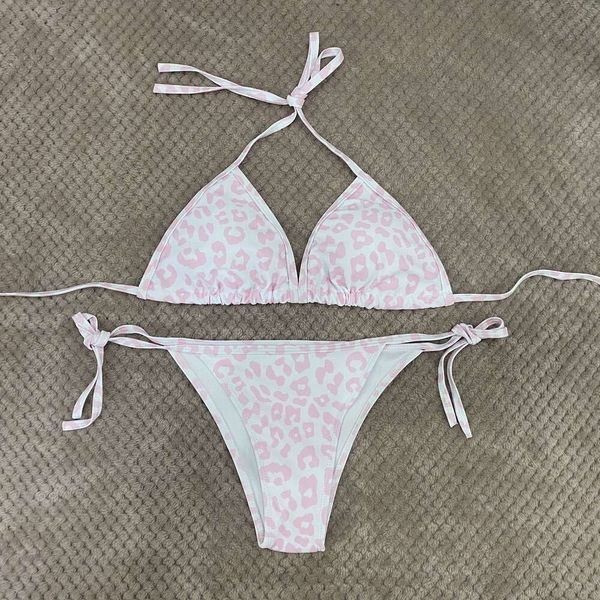 Spares para mujeres Swimwear Reopardo impreso impreso encaje rosa arriba bikini de pecho pequeño