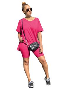 Survêtements pour femmes Szkzk Sexy 2 pièces ensemble actif survêtement t-shirt ample hauts et shorts de motard col en V taille haute tenues de club pour les femmes partie