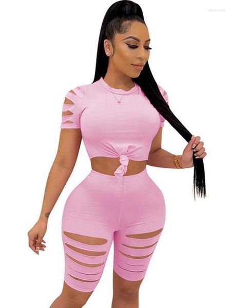 Chándales de mujer Szkzk Sexy Ripped Two Piece Bodycon Set Mujeres Camisetas Tops y pantalones cortos Hollow Out Black Grey Outfits Party Night Club