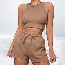 Survêtements pour femmes Débardeur Shorts Ensembles de deux pièces Femmes Tenues d'entraînement Casual Matching Crop Taille haute Trunks Yo-Ga Sports Exercise Set