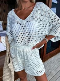 Survêtements pour femmes TAOVK Beach Holiday Tricoté Couleur unie Ensemble 2 pièces Tenues Manches courtes Lâche Évider Haut en maille Pulls Shorts