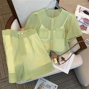 Suisses de survêtement pour femmes chemises de perspective de tempérament Ol Blouse Femmes Top 2 pièces Sents Tenues de la jambe large Pant court d'été 2024 Suit Shorts Green