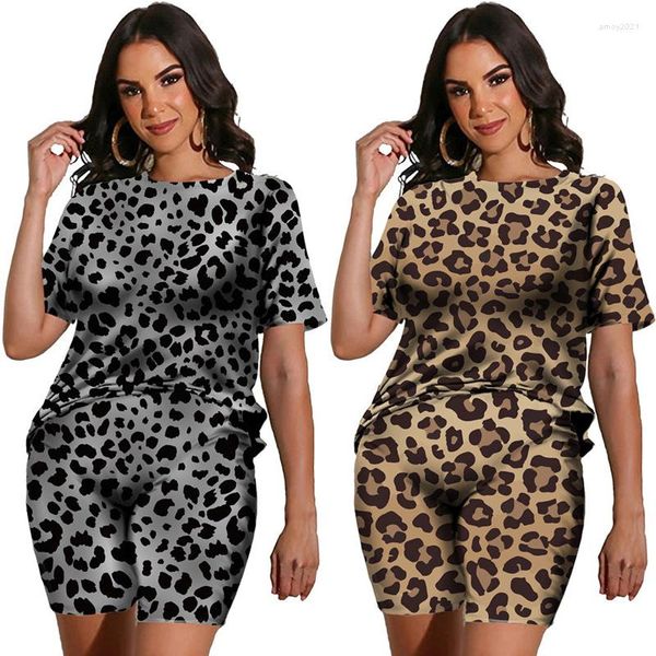 Conjunto de dos piezas con estampado de leopardo 3D de tendencia para mujer, conjuntos de verano para mujer, camisetas y pantalones cortos de manga corta Vintage para mujer