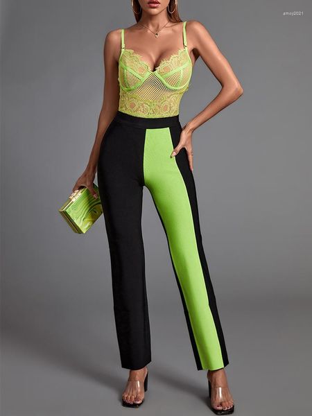 Conjunto de chándal de dos piezas para mujer, mono y pantalones, verde 2022, 2 piezas, elegante, Sexy, de encaje, para fiesta de noche, verano, 2022