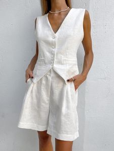Women's Tracksuits Two-Piece Set For Women 2023 Office Ladies Chic 2 Piece Sets Womens Outfits Summer Cotton Linen Vest Shorts Suit