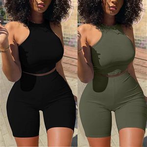 Survêtements pour femmes deux pièces ensemble femmes été couleur unie survêtements sans manches gilet Crop hauts Shorts maigres 2 pièces ensemble Sexy Fitness Clubwear 230508