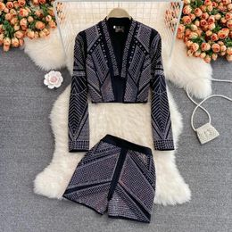 Survêtements pour femmes Deux pièces Ensemble court Femmes Été Col V Perles Paillettes Géométrique Manteau Pantalon Mode Femmes Tenues American Retro Drop