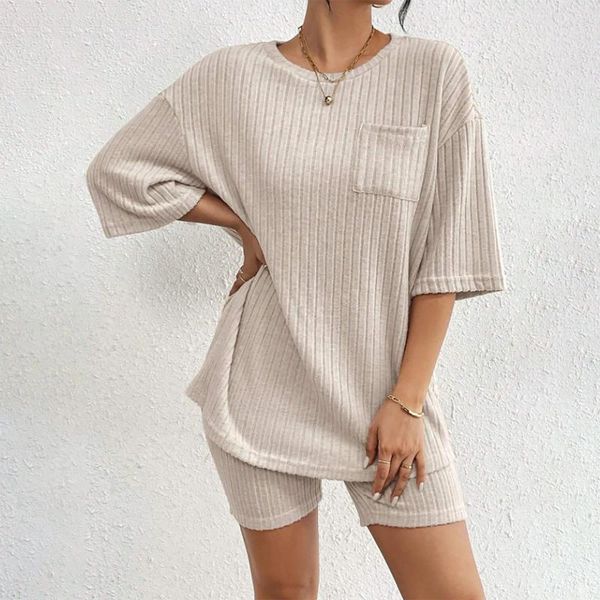 Spares para mujeres Two Pieces Set 2024 Fashion Knit Canved Home Pajamas Color sólido Shorts Top Tuitio informal suelto