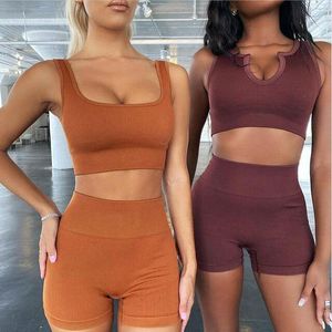 Survêtements pour femmes deux pièces pantalons à manches courtes tenues solides survêtement ins tricot sans couture sport sexy shorts à manches courtes vêtements de yoga fitnes