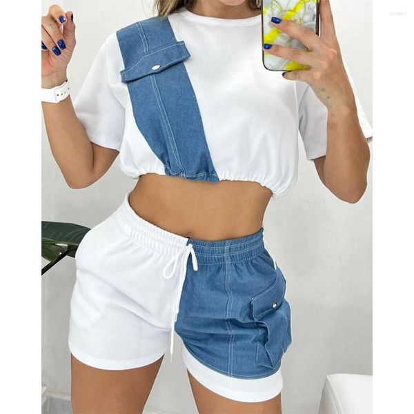 Survêtements pour femmes deux pièces costume ensemble décontracté femmes Colorblock Denim Patch col rond manches courtes Ctop haut cordon Shorts tenues