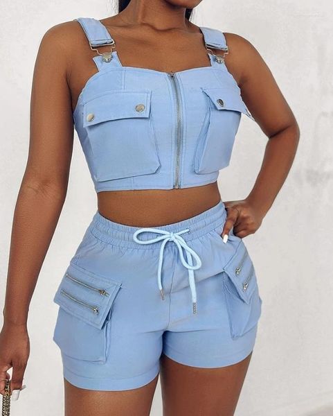 Trajes de pista para mujeres trajes urbanos 2024 Summer Último color sólido sólido botón de botón snap snap Drawing Cami Topzipperfit Shorts set