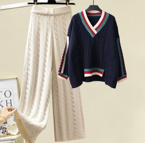 Survêtements pour femmes, pull à rayures, col en v, ensemble 2 pièces, pull de luxe GGity, tenues en tricot uni, pantalon longueur cheville