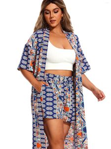 Chándales de mujer Vangull de talla grande conjunto de dos piezas con estampado completo kimono de manga corta con frente abierto pantalones cortos de cintura elástica trajes