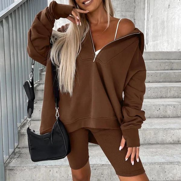 Suits-survêtements pour femmes Vintage Shorts serrés Tracksuit Casual Streetwear Sports Two Piece Set 2024 Fall Simple Solid Zipper à capuche à capuche