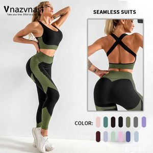 Contais de parcours pour femmes Vnazvnasi 2 PCS Suite de sport transparent Back Crossover Bra Hip Lift Leggings Push Up Sportswear Woman Gym Workout Vêtements Y240426