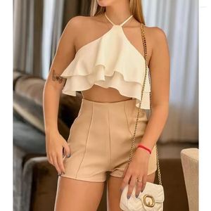 Survêtements pour femmes Wepbel Camis Tops Ensembles Femmes 2 pièces Tenues Pantalon court Spaghetti Bretelles Volants Halter Taille haute Shorts Costume