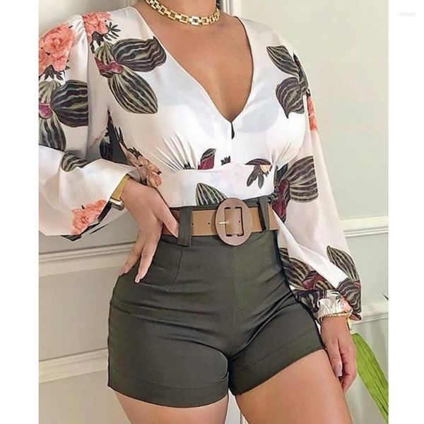 Survêtements pour femmes Wepbel Shorts Tenues Col en V Casual T-shirts Tops Skinny Floral Blouses à manches longues Femmes Ensembles 2 pièces Pantalons courts