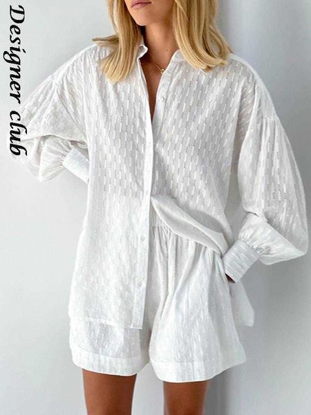 Survêtements pour femmes Blanc Élégant Jacquard Shorts Ensembles Solides Manches Longues Chemises Et Pantalons Chauds Deux Pièces Ensemble Femme Casual Vacances Tenues L230309