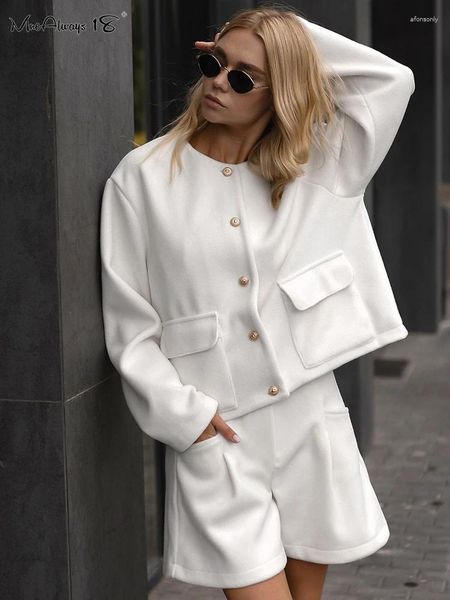 Survêtements pour femmes Blanc Élégant Short en laine pour femmes Ensembles deux pièces Bureau Dames Poches Vêtements d'extérieur et tenues chaudes à jambes larges