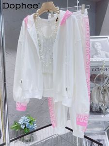 Survêtements Femmes Costume Blanc Femmes Survêtement Lâche Mode Coréenne Rose Diamant Sweat Zipper Cardigan Manteau Veste Pantalon Décontracté Deux Pièces Ensembles 230630