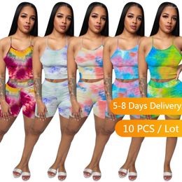 Trainingpakken voor damesgroothandel items Zomeroutfits voor vrouwen Streetwear Tank Crop Top Biker Shorts 2 -delige set Tie Dye Bodycon Tracksuit