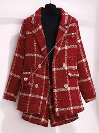 Survêtements pour femmes hiver rouge plaid coton rembourré laine deux pièces ensemble pour femmes double boutonnage blazer veste manteau short sac de chaîne gratuit