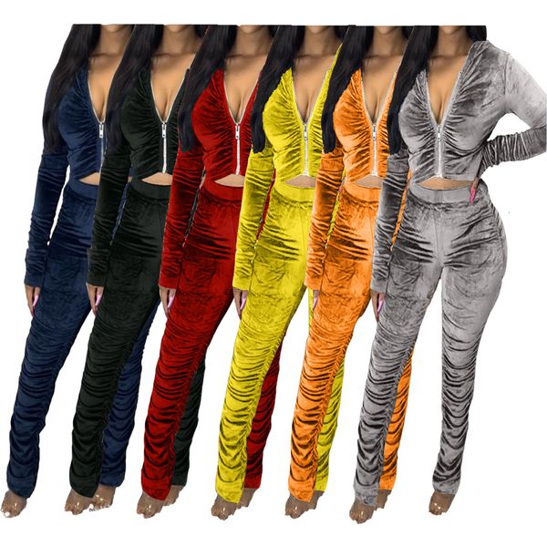 Survêtements pour femmes velours d'hiver empilé ensemble fermeture éclair sweats à capuche pantalon froncé survêtement de sport deux pièces tenue survêtement actif 230208