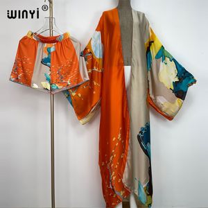 Survêtements pour femmes WINYI costume deux pièces Boho imprimé sur la taille col en V à manches longues robe femmes sensation de soie longueur de plancher robe de mode 230630