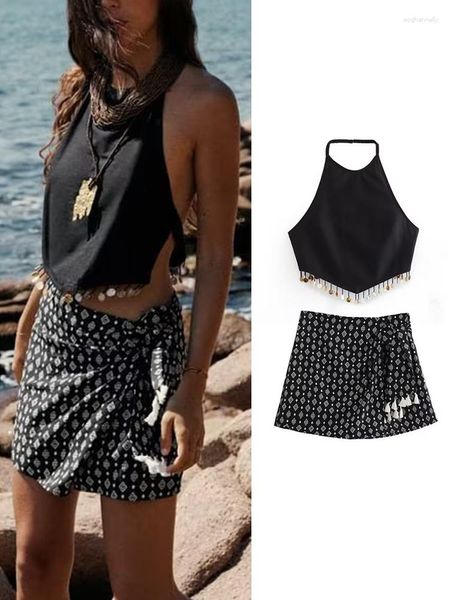 Socicinadores de pistas para mujeres Mujer sets de 2 piezas Socinas 2023 Summer Fashion Vintage Halter Crop Top Tuit Beach Two Pieces Set elegantes Femeninas Femeninas