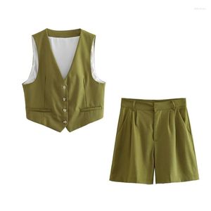 Survêtements femme décontracté vert lin Blazer débardeur costume 2023 été femme Vintage récolte réservoirs ensembles dames taille haute droite Shorts
