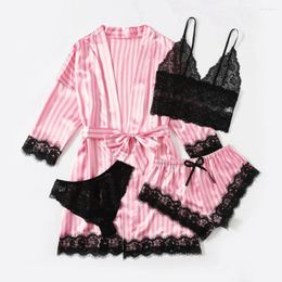 Survêtements femme vêtements de nuit femme 4 pièces dentelle florale garniture Satin pyjamas ensemble avec Robe Sexy Faux soie Pijamas ensembles décontracté maison vêtements