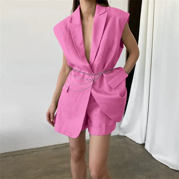 Survêtements pour femmes Femme Sweet Pink Long Blazer Tank Costume 2023 Printemps Femme Solide Coton Lin Tanks Set Girls Chic Basic Shorts 2 PCS Ensembles
