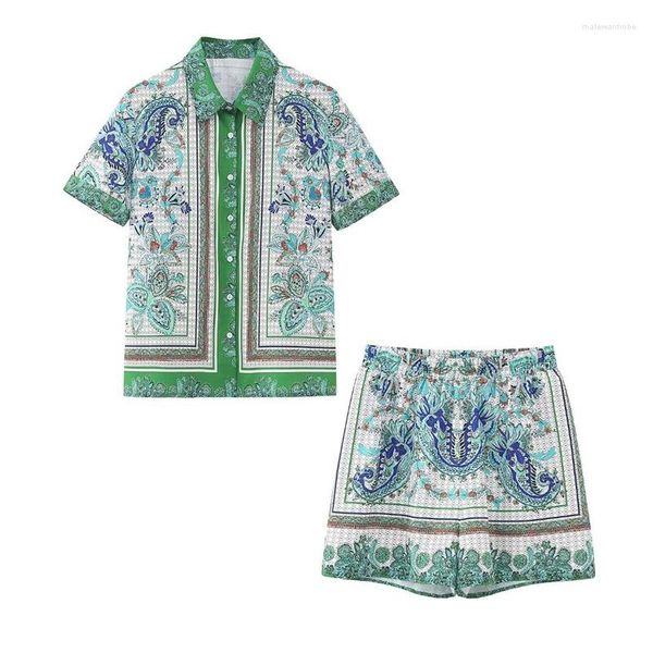 Chándales de mujer, camisa de manga corta con estampado verde Vintage para mujer, traje de verano 2023 para mujer, camisas rectas de un solo pecho, conjuntos de pantalones cortos elásticos