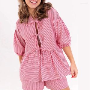 Suisses de survêtement pour femmes femmes 2 pièces tenues à plaid Stripe imprime à cravate avant poffes manches courtes choux tops shirts shorts