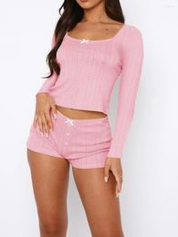 Survêtements pour femmes Femmes 2 pièces Pyjamas Ensemble à manches longues Col carré Crop Top Bouton Shorts Tenues 2pcs Pjs Loungewear