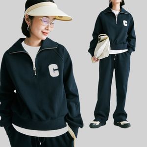 Chándales para mujer Conjunto de chándal de sudadera de 2 piezas para mujer Cremallera cuadrada Jersey deportivo Abrigo Top Cintura alta Pantalón ancho de pierna ancha Pantalón extragrande en gris 230220