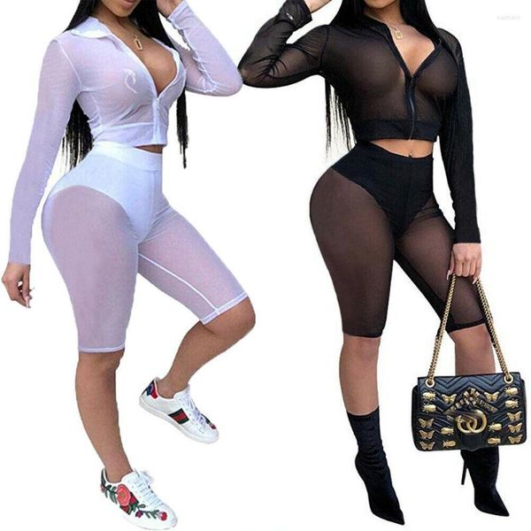 Survêtements pour femmes Femmes 2pcs Tenues d'été Lady Girls Transparent Sheer Mesh Survêtement Débardeur extensible Skinny Shorts Ensembles